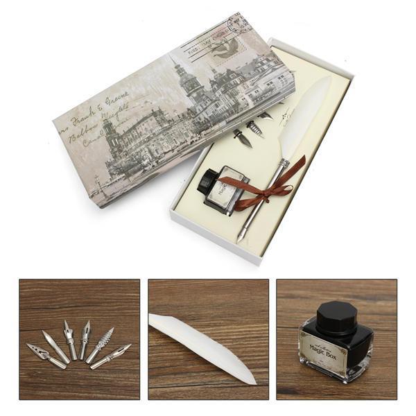 shopping ציוד משרדי Retro Goose Feather Quill Pen Metal Nib Dip Writing Black Ink Set Collectable
