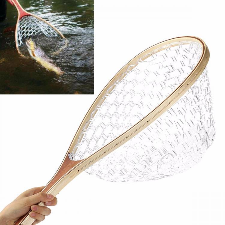 shopping ציוד דיג וציד 58CM Wooden Handle Fly Fish Fishing Landing Trout Clear Rubber Net Mesh Catch Tackle