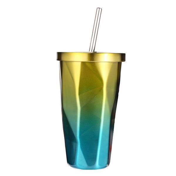 shopping מזוודות וציוד לטיולים ארוכים 473L Stainless Steel Cups Gradient Color Diamond Double Wall Travel Water Bottles with Straw