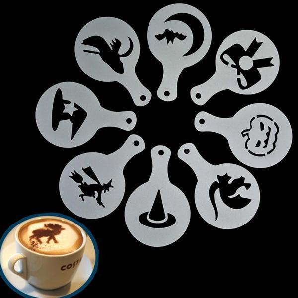 shopping מטבח ופינת אוכל 8Pcs Halloween Cappuccino Latte Art Coffee Stencils Duster Cake Icing Spray