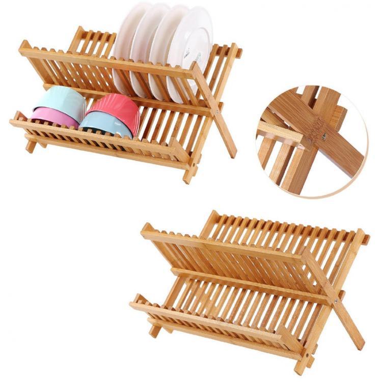 shopping מטבח ופינת אוכל Foldable Bamboo Dish Drying Rack Plate Bowl Drainer Kitchen Storage Rack Organizer Holder 16 Grids Kitchen Tools