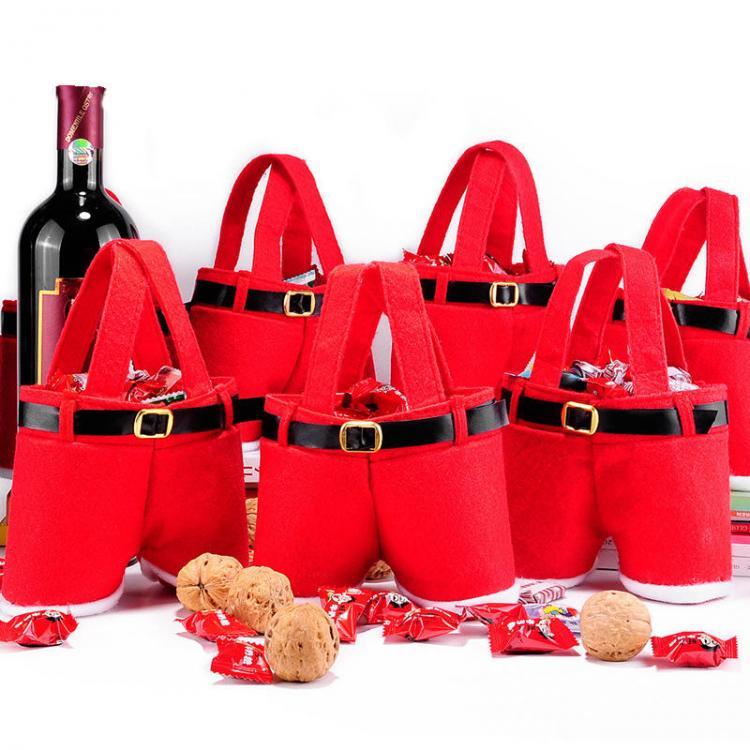shopping מטבח ופינת אוכל 1 Peice Merry Christmas Gift Treat Candy Wine Bottle Bag Santa Claus Suspender Pants Trousers Decor Christmas Gift Bags