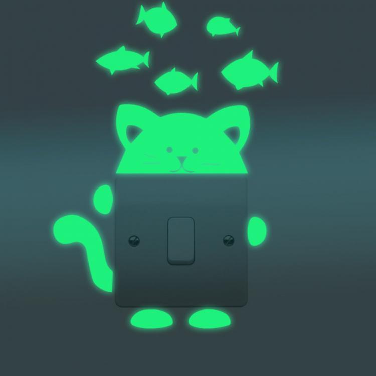 shopping קישוט הבית Honana DX-139 Fluorescent Glow Cat Thinking Fish Switch Wall Sticker Home Bedroom Decor