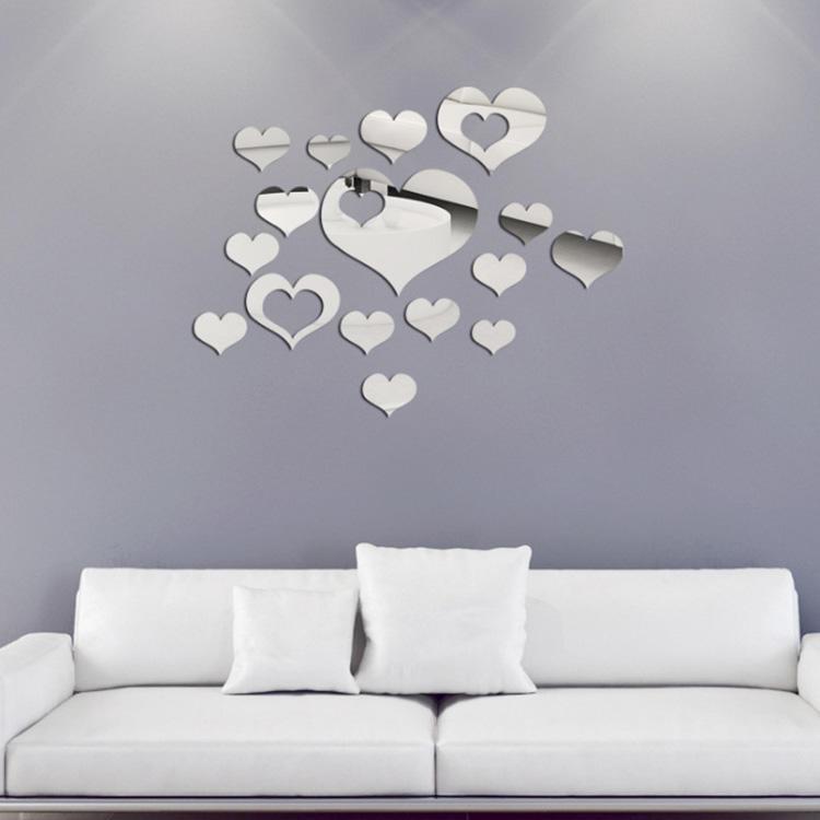 shopping קישוט הבית Honana DX-Y2 16Pcs Cute Silver DIY Heart Mirror Wall Stickers Home Wall Bedroom Office Decor