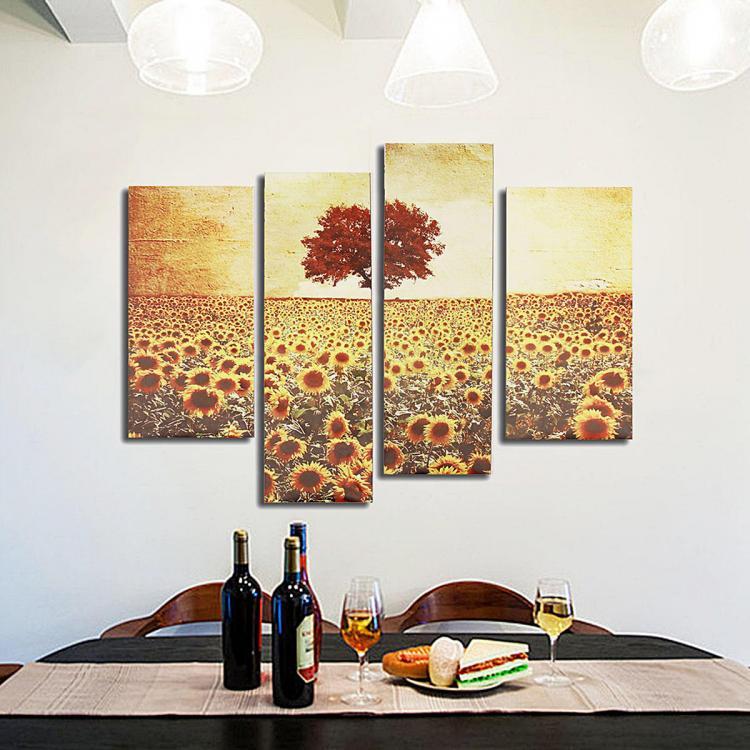 shopping קישוט הבית 4PCS Frameless Oil Painting Sunflower Canvas Modern Wall Art Home Decoration Paper Art