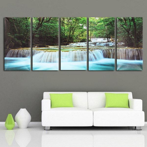 shopping קישוט הבית 30x60CM 5PCS Canvas Painting Forest Waterfall Wall Art Picture Home Decor