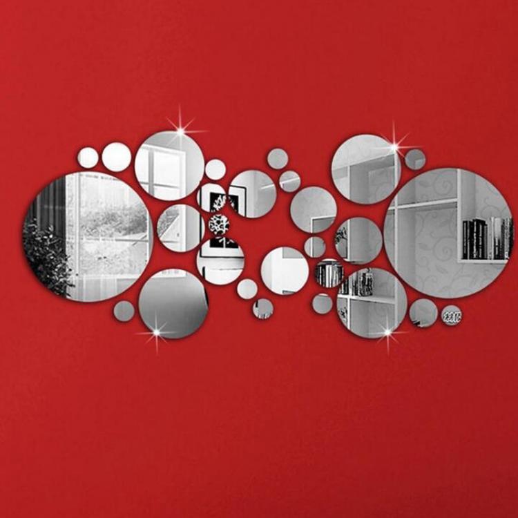 shopping קישוט הבית Honana DX-Y4 28Pcs Cute Silver DIY Circle Mirror Wall Stickers Home Wall Bedroom Office Decor