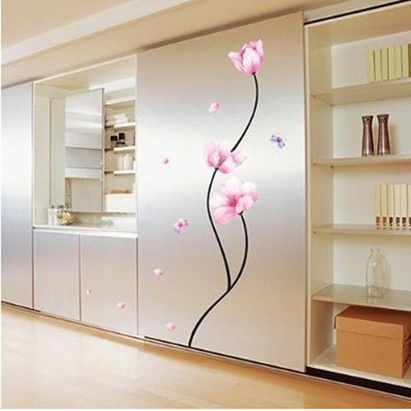 shopping קישוט הבית Removable PVC Pink Flower Stem Wall Sticker Room Decor Decal