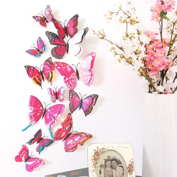 shopping קישוט הבית 12PCS 7 Colors 3D Double Layer Butterfly Wall Sticker Fridge Magnet Home Decor Art Applique