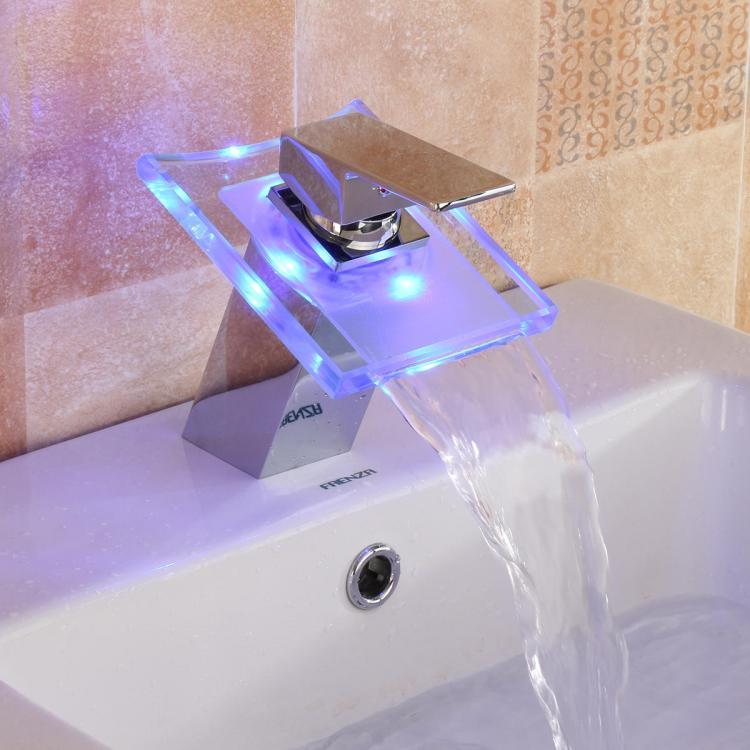 shopping כיורים ומסנני מים LED Color Changing Waterfall Faucet Bathroom Sink Faucet Glass Basin Bathtub Mixer Tap