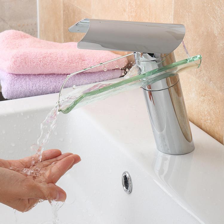 shopping כיורים ומסנני מים Glass Waterfall Mixer Tap Bathroom Basin Faucet Sink Single Lever Chrome Plated