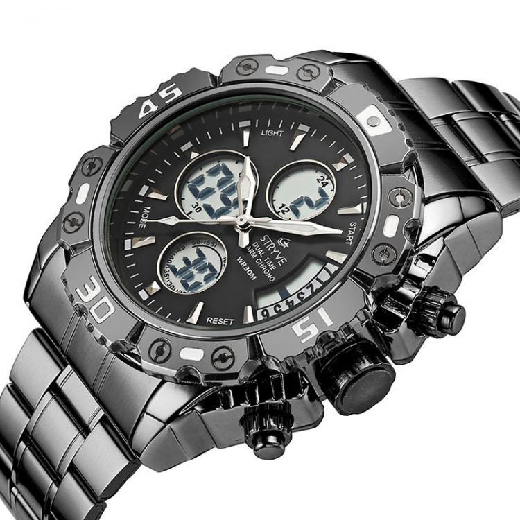 shopping שעונים לגבר STRYVE S8018 Men Full Steel Waterproof Date Week Chrono Alarm Clock Dual Display Digital Watch