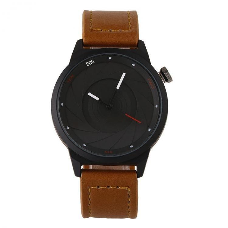 shopping שעונים לגבר Creative Men Leather Strap Simple Back Aperture Pattern Dial White Needle Quartz Watch