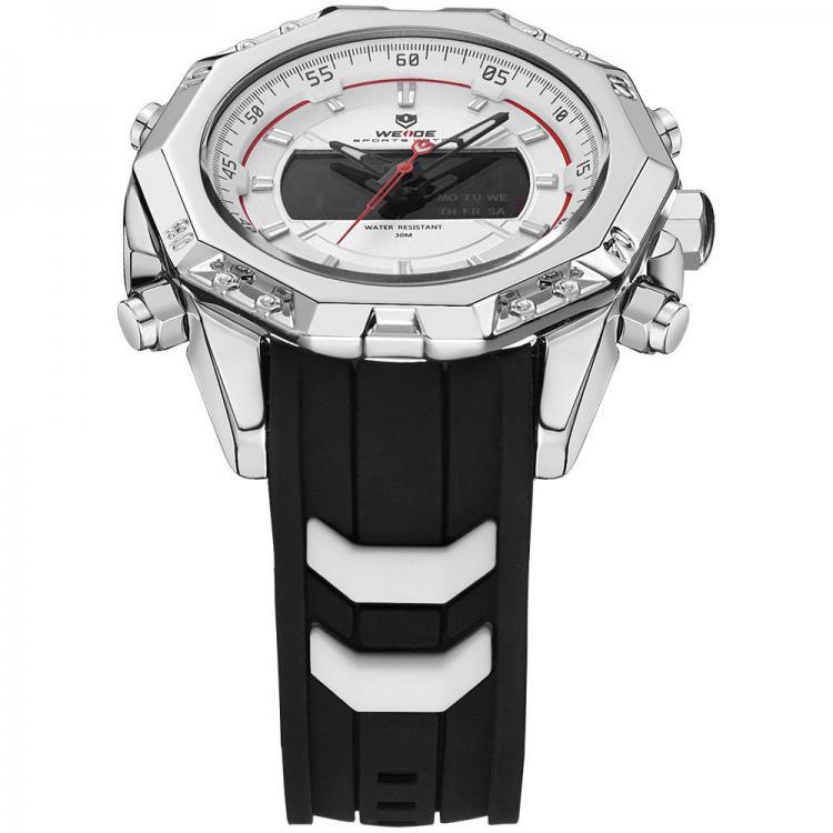 shopping שעונים לגבר WEIDE 6406 Dual Display Digital Watch Calendar Alarm Luminous Watch Silver Case Men Sport Watch