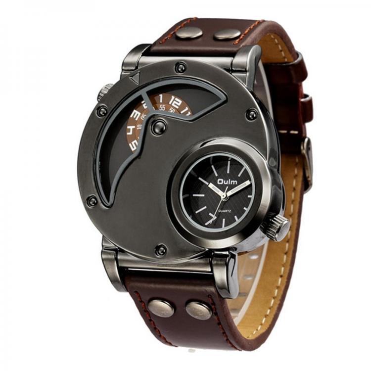 shopping שעונים לגבר OULM 9591 Casual Style Creative Wrist Watch Dual Time Zones Leather Strap Quartz Watches