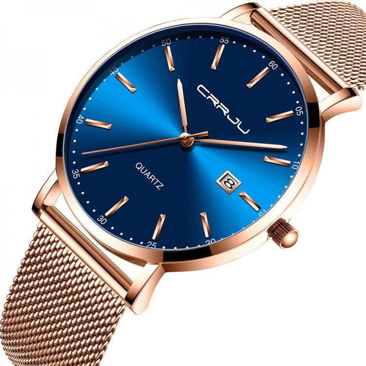 shopping שעונים לגבר CRRJU 2161 Business Style Date Display Luxury Blue Dial Full Steel Strap Men Quartz Watch