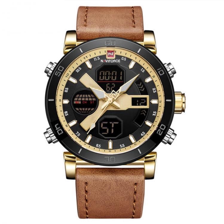 shopping שעונים לגבר NAVIFORCE 9132 Dual Display Digital Watch Men Luminous Calendar Watch Leather Strap Watch