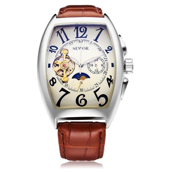 shopping שעונים לגבר SEWOR Rectangle Luxury Leather Mechanical Analog Men Wrist Watch