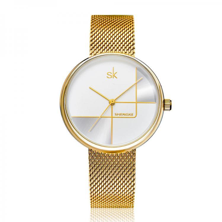 shopping שעונים לאישה SHENGKE SK  K0105L Geometric Line Simple Needle Dial Women Full Steel Ladies Dress Luxury Quartz Watch