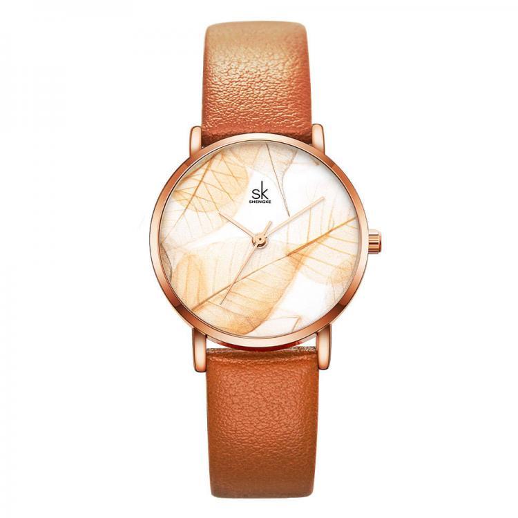 shopping שעונים לאישה SHENGKE SK K0108 Spring Jade Green Calm Brown Leaf Dial Fashion Leather Strap Women Quartz Watch