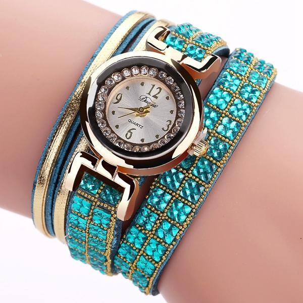 shopping שעונים לאישה DUOYA Fashion Style Leather Band Bracelet Winding Rhinestones Dial Quartz Moement Ladies Watches