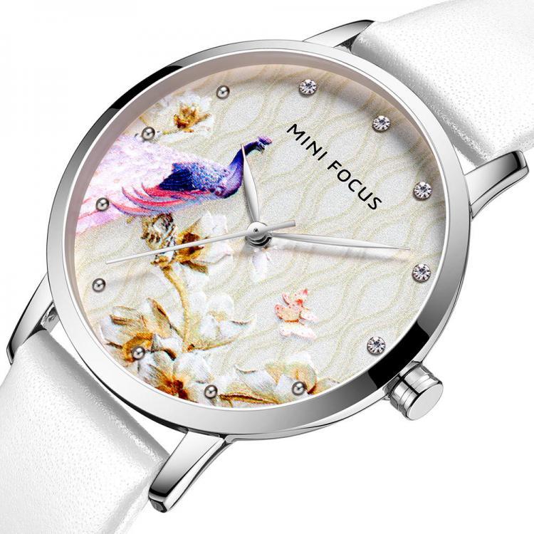 shopping שעונים לאישה MINI FOCUS MF0330L Fashion Women Peacock Flower Pattern Genuine Leather Quartz Watch