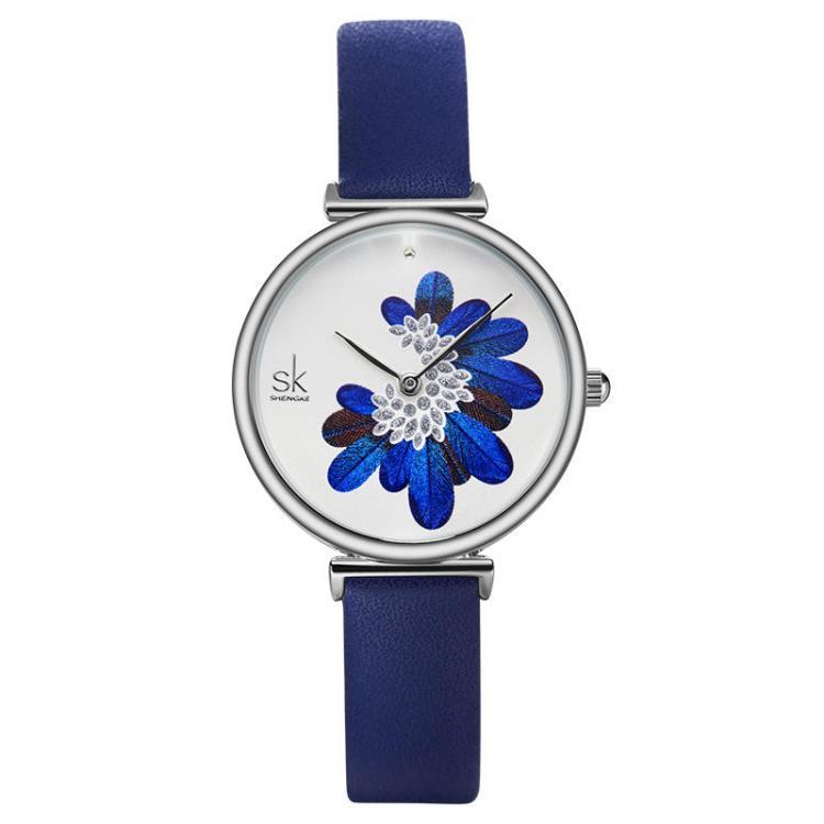 shopping שעונים לאישה SHENGKE SK K0123 Leaves Pattern Crystal Flowers Female Fashion Elegant Women Ladies Leather Quartz Watch