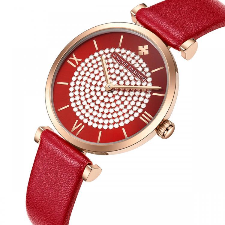 shopping שעונים לאישה WWOOR 8851 Sky Diamond Dial Ladies Wrist Watch Leather Watch Band Quartz Watch