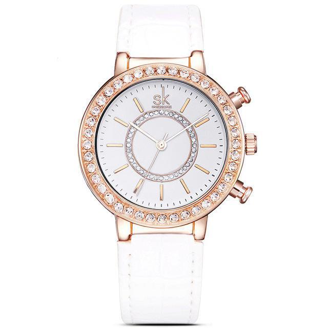 shopping שעונים לאישה SK K0012 Diamonds Gold Case Moden Women Wrist Watch Gift Leather Strap Quartz Watches