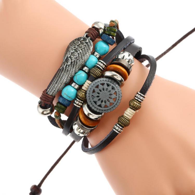shopping תכשיטים לגבר Adjustable Black Braided Leather Bracelet Multilayer Weave Bracelets Wing Turquoise Beads Bracelet