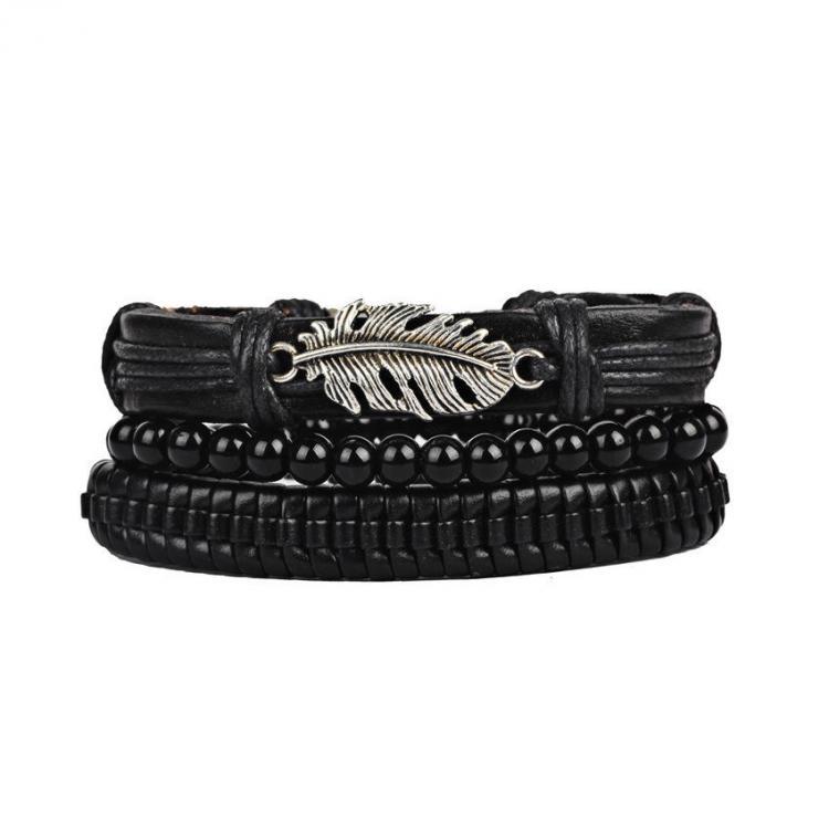 shopping תכשיטים לגבר 3Pcs/Set Punk Black Multilayer Woven Leather Bracelet Leaf Charm Beaded Bracelets for Men