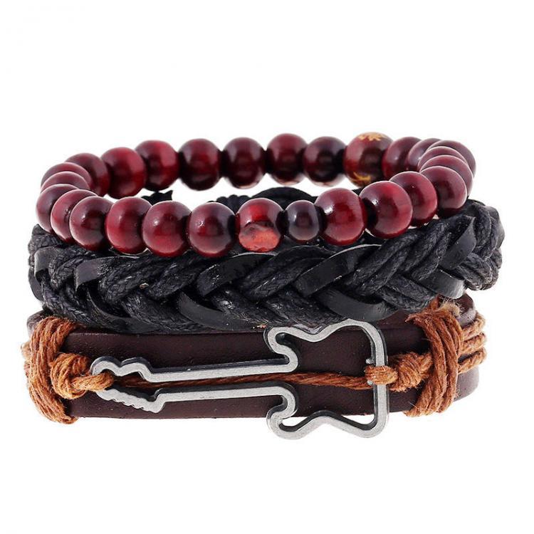 shopping תכשיטים לגבר Vintage Buddha Beads Bracelet Guitar Charm Multilayer Cow Leather Bracelet Wristband for Men