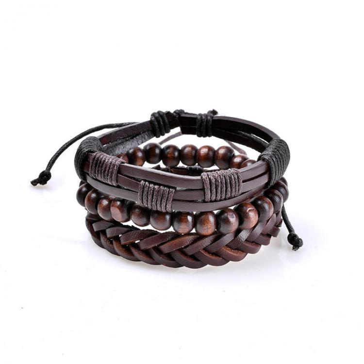 shopping תכשיטים לגבר 3 Pcs Men's Leather Bead Braided Bracelet Multilayer Bangle Wristband Vintage Male Jewelry