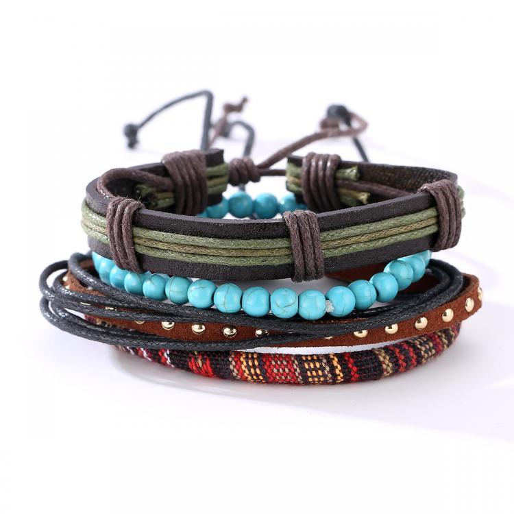 shopping תכשיטים לגבר Punk Multilayer Bracelets Adjustable Woven Beads Leather Bracelets for Men