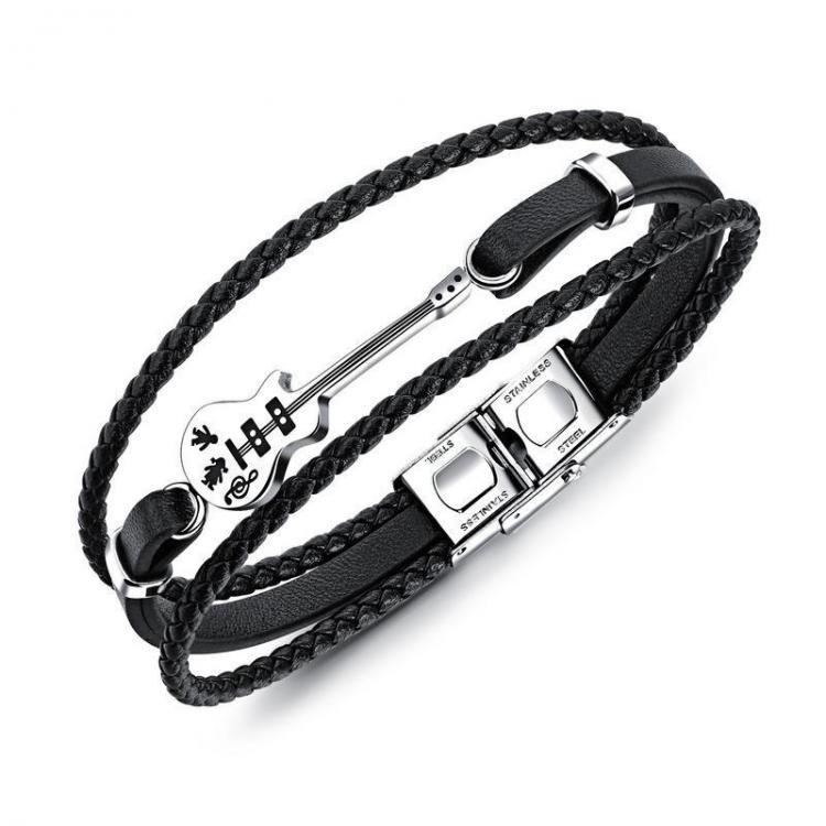 shopping תכשיטים לגבר Creative Mini Guitar Men's Leather Multilayer Braided Titanium Steel Bracelet