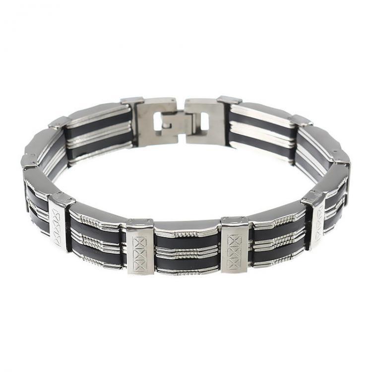 shopping תכשיטים לגבר Punk Black Silicone Silver Stainless Steel Chain Wristband Bracelet for Men