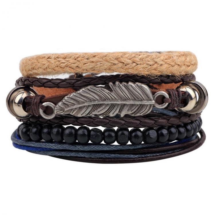 shopping תכשיטים לגבר Multi Layer Leaves Bracelet Handmade Leather Bracelet Retro Style Bracelet For Men