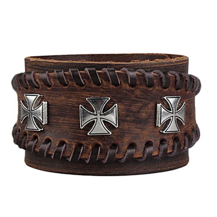 shopping תכשיטים לגבר Punk Adjustable Zinc Alloy Cross Double Genuine Leather Bracelet for Men