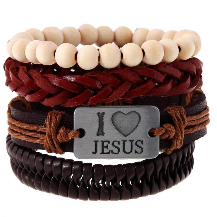 shopping תכשיטים לגבר Religious I Love Jesus Bracelet Cowhide Multilayer Wristband White Wood Bead Bracelet for Men