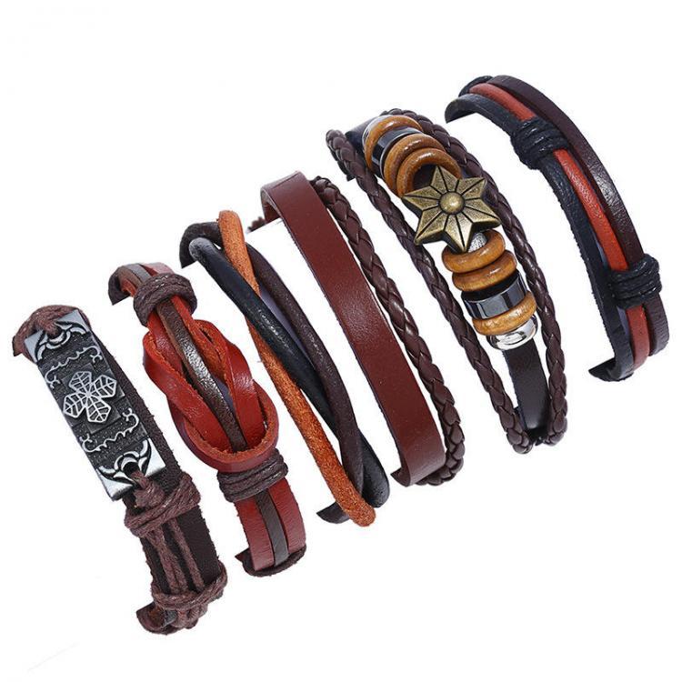 shopping תכשיטים לגבר 6Pcs Punk Retro Personality Cowhide Diy Woven Multi-layer Bracelet