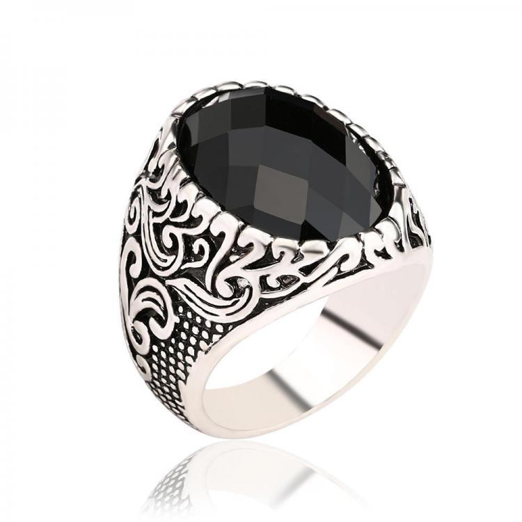 shopping תכשיטים לגבר Retro Classic Black Gem Jewelry Exquisite Carved Totem Geometry Men Ring