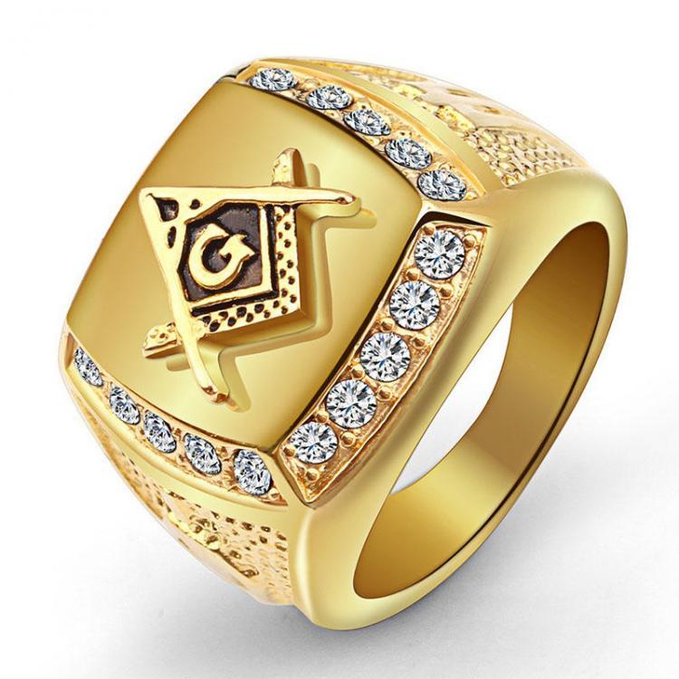 shopping תכשיטים לגבר Fashion Gold Titanium Steel Finger Ring Rhinestone Free-Mason Logo Jewelry Gift for Men