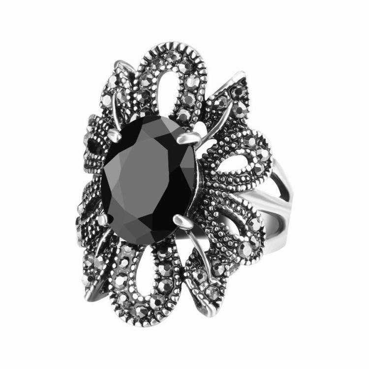 shopping תכשיטים לגבר Elegant Finger Ring Black Crystal Antique Silver Hollow Flower leaves Rings Punk Jewelry for Women