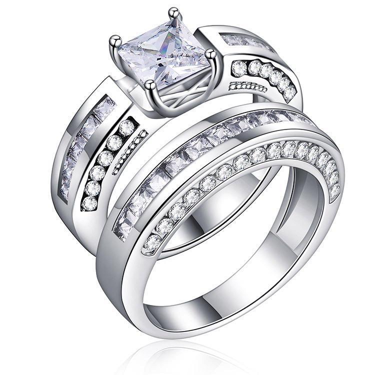 shopping תכשיטים לגבר 2 Pcs/set Classic Cubic Zirconia Womens Ring Bridal Wedding Platinum Band Finger Rings for Women