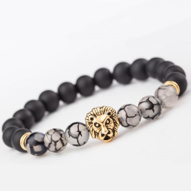 shopping תכשיטים לגבר Vintage Agate Beads Alloy Lion Head Beaded Bracelet Ethnic Jewelry For Men