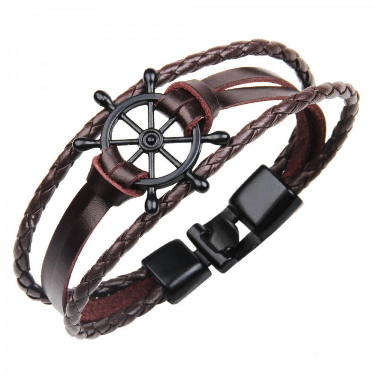 shopping תכשיטים לגבר Punk Alloy Rudder Bracelet Cowhide Leather Bangle Wristband Men Jewelry