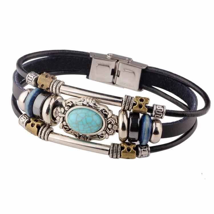 shopping תכשיטים לגבר Vintage Multilayer Bracelets Blue Oval Irregular Geometric Leather Bracelet Ethnic Jewelry Men