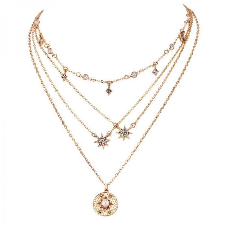 shopping תכשיטים לאישה Bohemian Multilayer Necklaces Round Slice Beads Stars Chain Crescent Pendant Necklace For Women