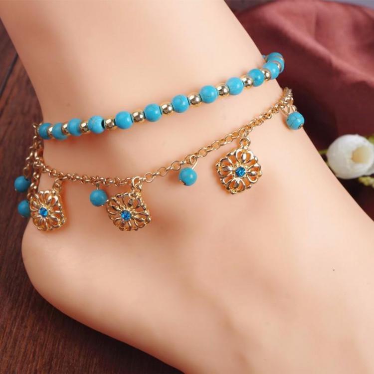 shopping תכשיטים לאישה Turquoise Beads Alloy Chain Tassel Crystal Anklets Jewelry