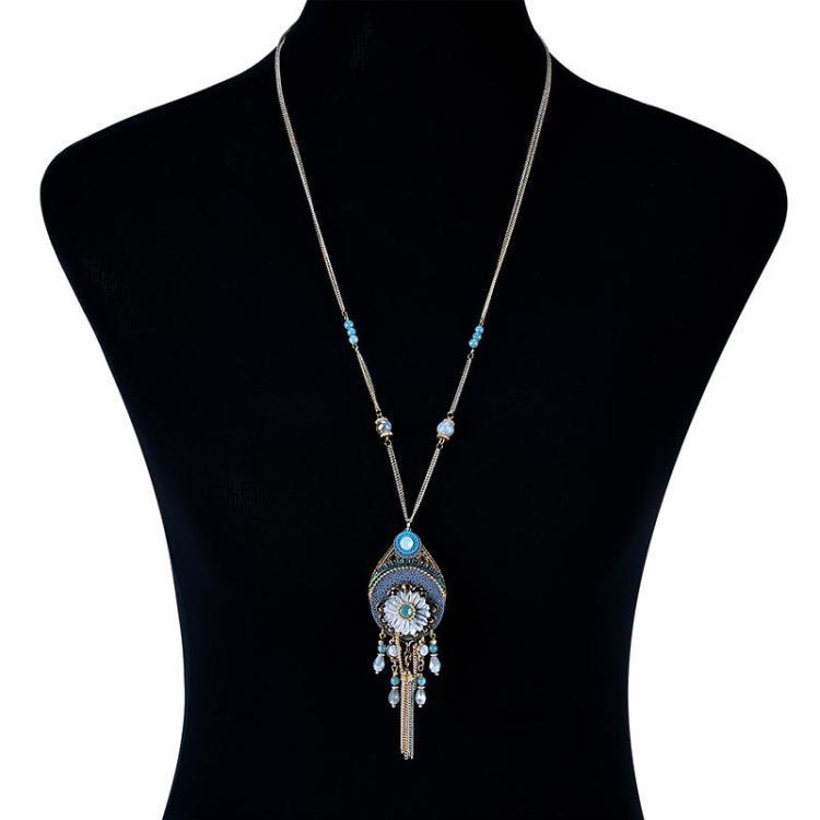 shopping תכשיטים לאישה Bohemian Tassel Beaded Long Necklace Crystal Flower Pendant Women's Jewelry